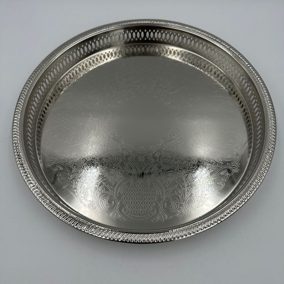 NIB!! Elegance Round Metal Serving Tray, Nickel Plated w/Decorative Embossing - Picture 2 of 5